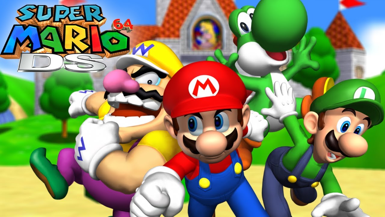 Mario, Luigi, Wario e Yoshi di fronte al castello di Peach