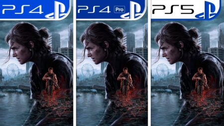Ellie di The Last of Us Parte 2 Remastered con I loghi di PS4 e PS Pro e PS5