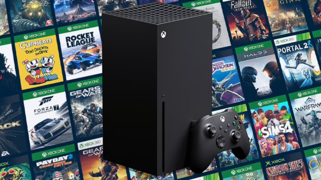 Una Xbox Series X con dietro dei giochi fisici