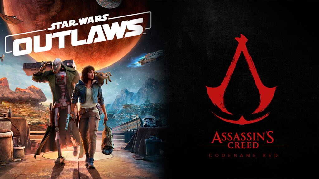 I due personaggi di Star Wars Outlaws con al fianco il logo di Assassin's Creed Red