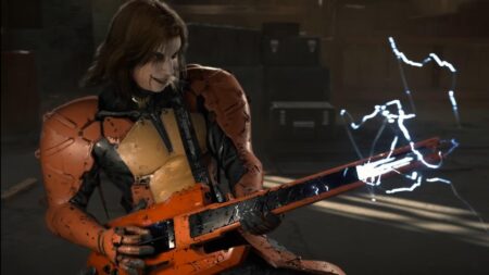 Higgs di Death Stranding 2: On The Beach mentre imbraccia una chitarra che spara fulmini