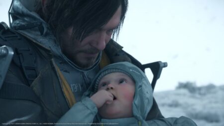 Sam Porter Bridges con in braccio Louis di Death Stranding 2: On The Beach