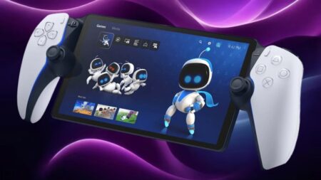 Una PlayStation Portal su uno sfondo viola