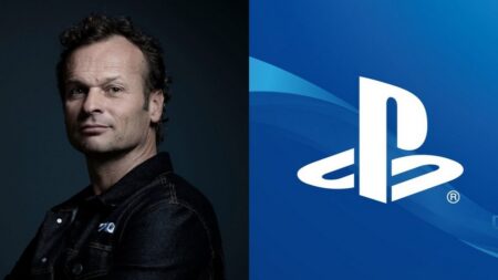 Hermen Hulst con al fianco il logo di PlayStation