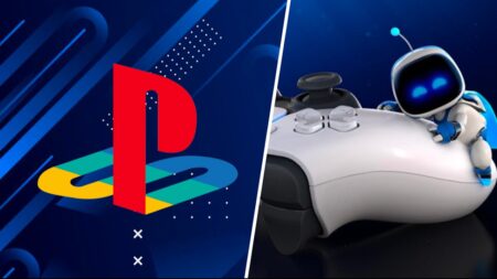 Il logo PlayStation con al fianco il robot di Astrobot sul DualSense