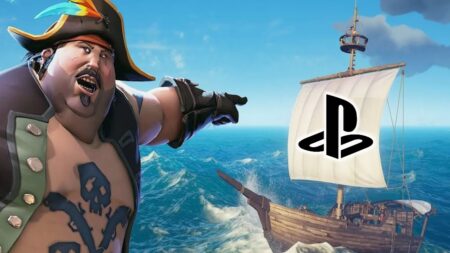 Un pirata di Sea of Thieves che indica una nave con il logo di PlayStation