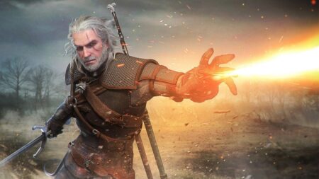 Geralt di Rivia di The Witcher 3 mentre spara il fuoco