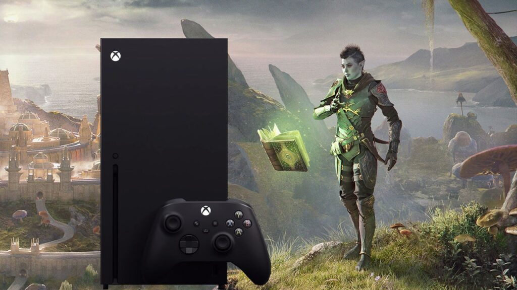 Una Xbox Series X in verticale con al fianco un personaggio che utilizza la magia