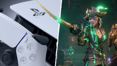 Un pirata di Sea of Thieves con al fianco una PS5