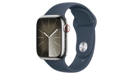 Apple Watch Series 9 (GPS+Cellular, 41mm) con Cassa in Acciaio Argento e Cinturino Sport Blu Tempesta