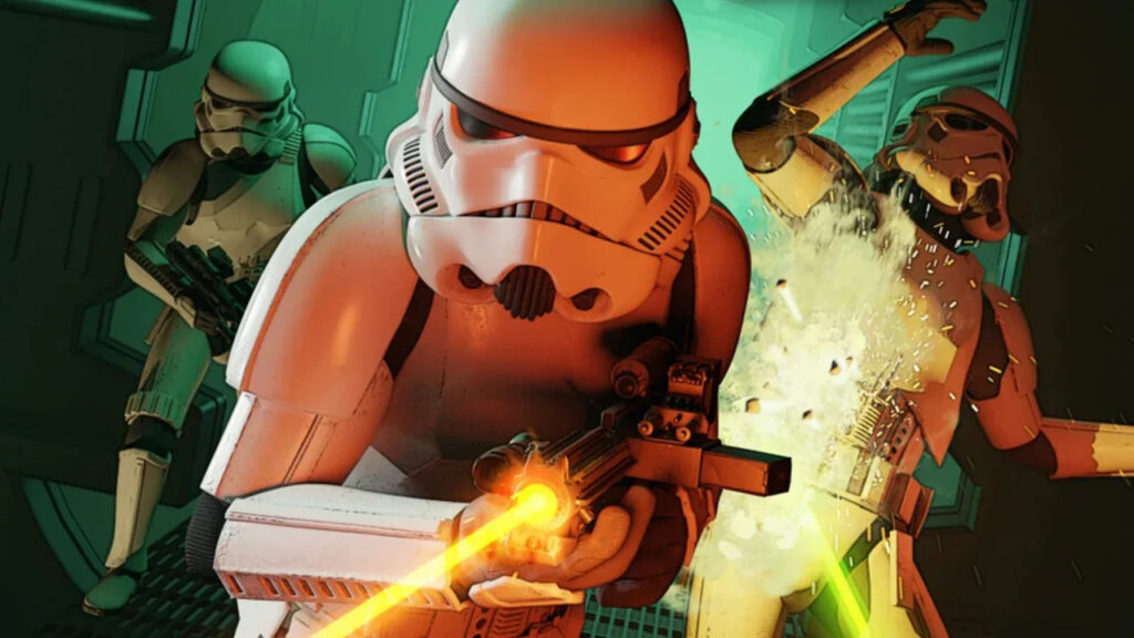 Star Wars: Dark Forces Remaster copertina con stormtrooper colpiti da laser