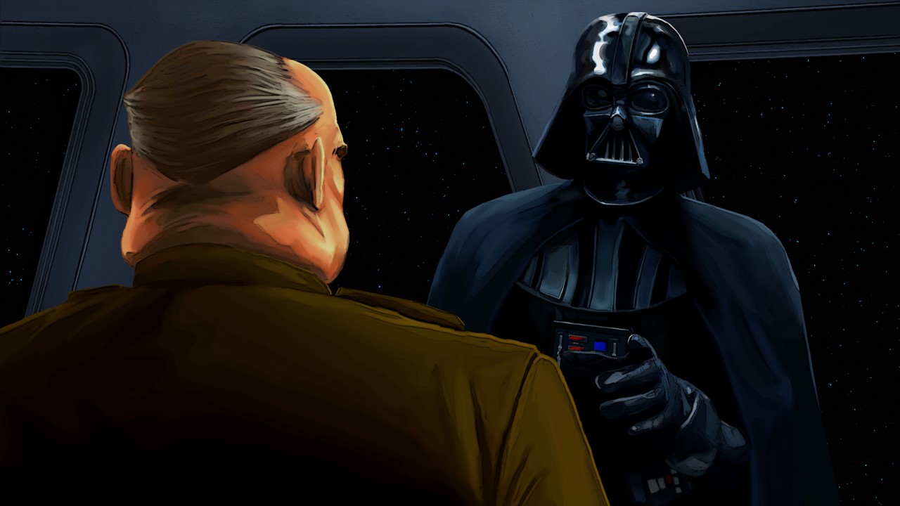 Darth Vader impartisce ordini al generale, disegno rimasterizzato per Star Wars: Dark Forces Remaster