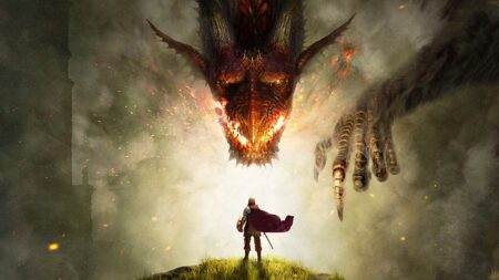 Un guerriero di Dragon's Dogma 2 con davanti un drago