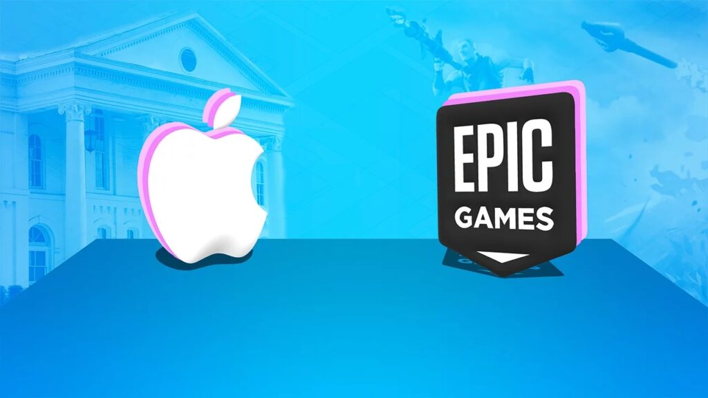 I loghi di Apple ed Epic Games con uno sfondo azzurro