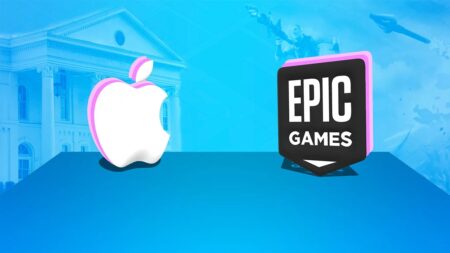 I loghi di Apple ed Epic Games con uno sfondo azzurro