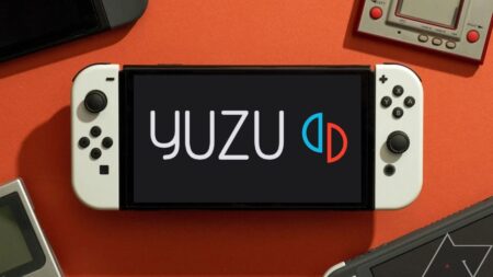 Una Nintendo Switch OLED con sulloschermo il logo di Yuzu
