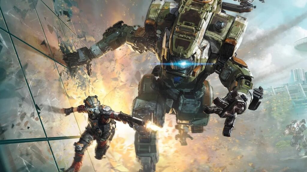 Un soldato di Titanfall che corre su un muro con un Titano