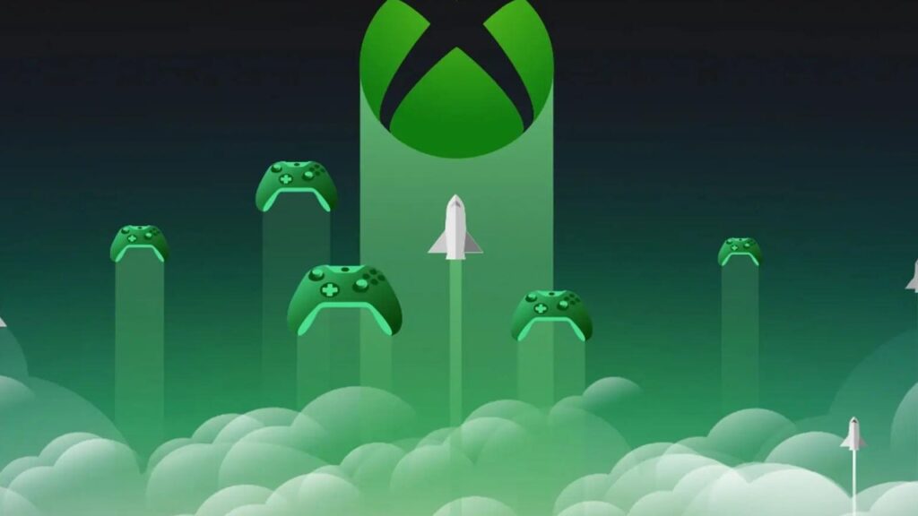 Il logo di Xbox con i controller nel cielo