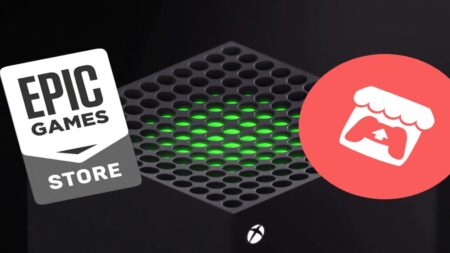 Il logo di Epic Games Store con dietro una Xbox Series X