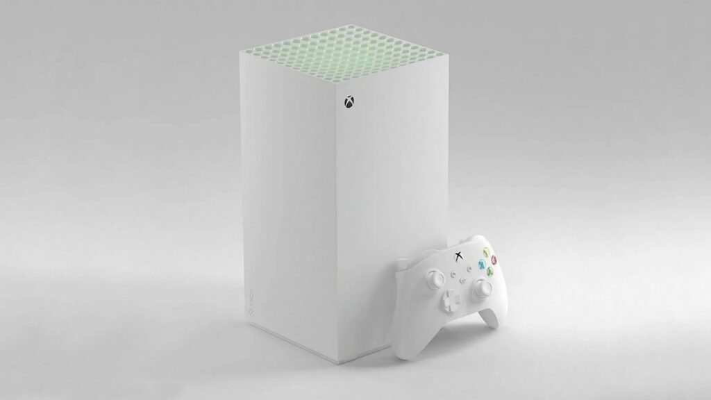 Una Xbox Series X bianca in verticale