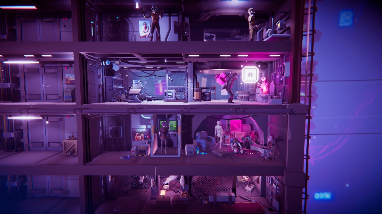 Visuale sezionata di un appartamento cyberpunk, con cittadini al suo interno