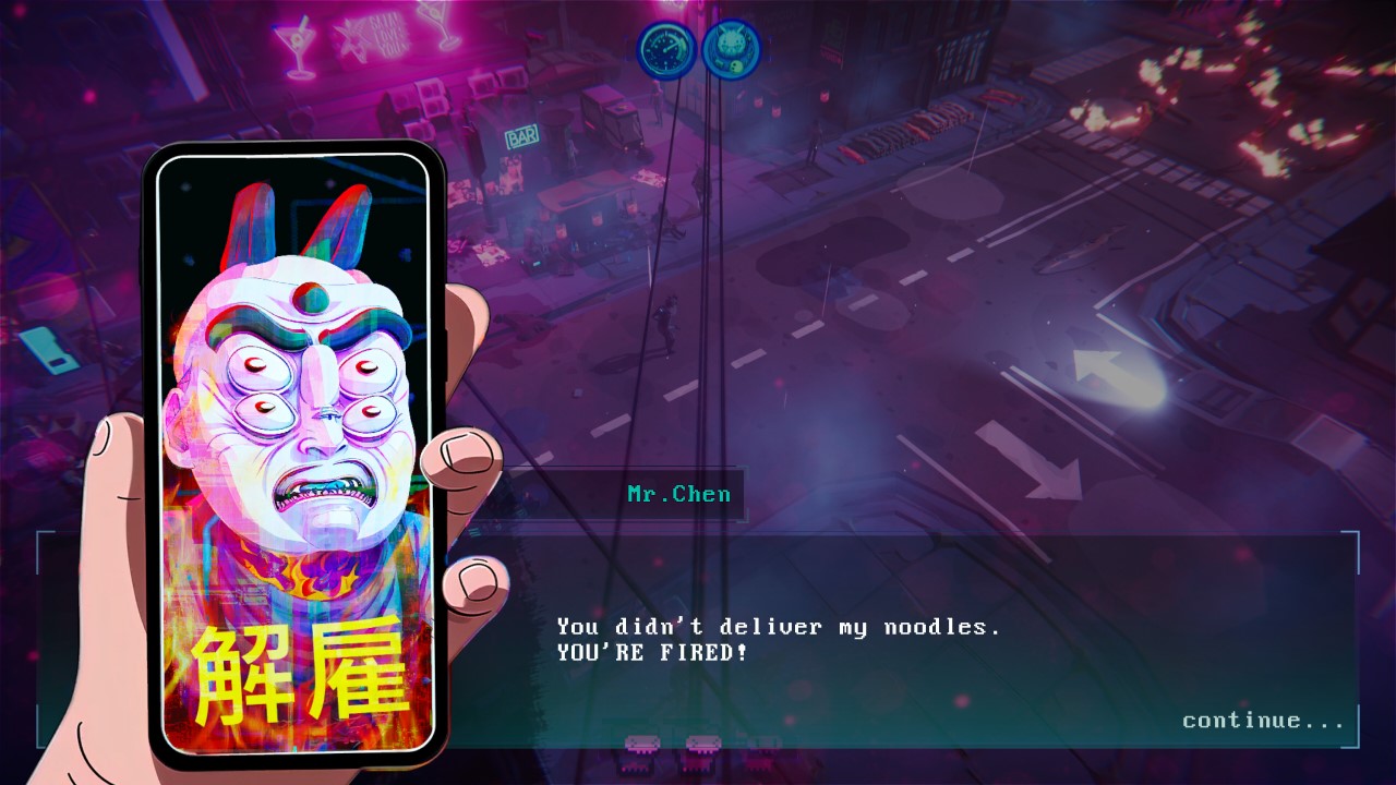 Illustrazione di un telefono con personaggio asiatico che chiama, licenziando il giocatore
