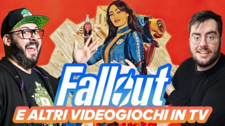 Simone Milone e Luca Porro con dietro la protagonista della serie TV di Fallout