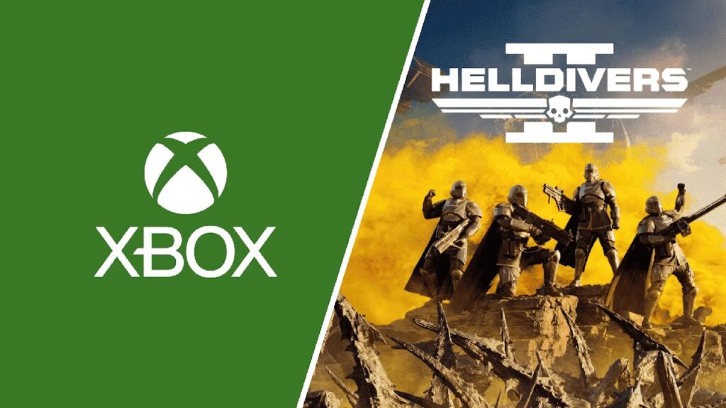 Il logo di Xbox con al fianco i personaggi di Helldivers 2