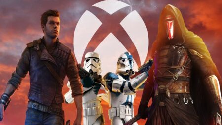 I personaggi di Star Wars Jedi: Survivor con dietro il logo Xbox