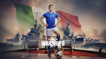 Marco Materazzi di World of Warships con dietro la bandiera dell'Italia