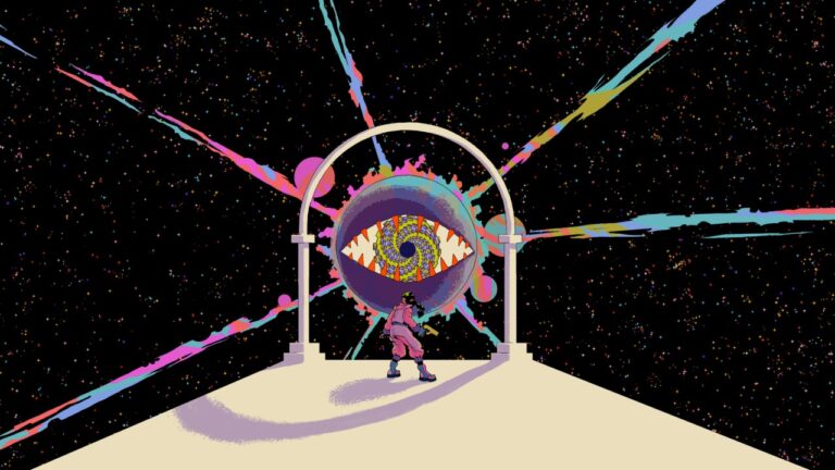 Key art di Enter The Chronosphere, con un essere umano che guarda verso un grande occhio che sprigiona raggi arcobaleno