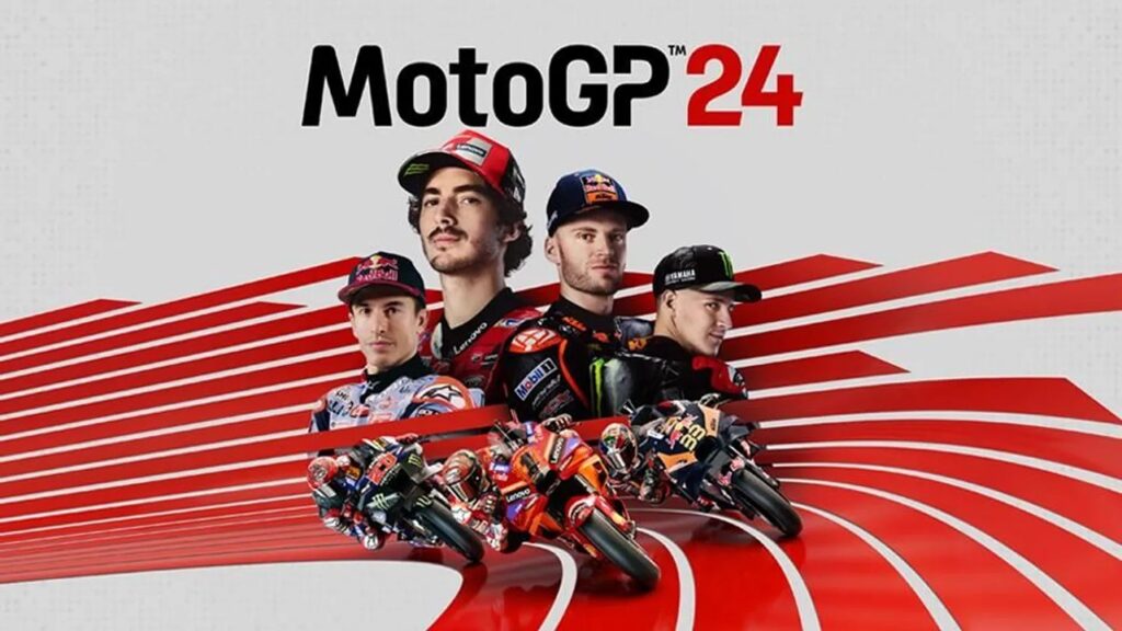 Copertina di MotoGP 24 con piloti professionisti sullo sfondo, tra cui Pecco Bagnaia