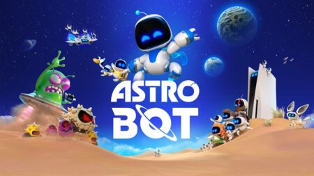 Il protagonista di Astro Bot con una PS5 al fianco