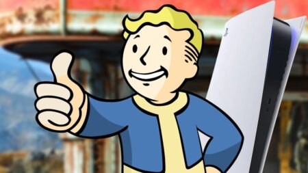 Il persoanggio principale di Fallout 4 ed una PS5 dietro