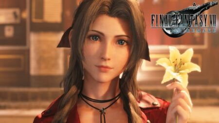 Aerith di Final Fantasy 7 Rebirth con un fiore in mano