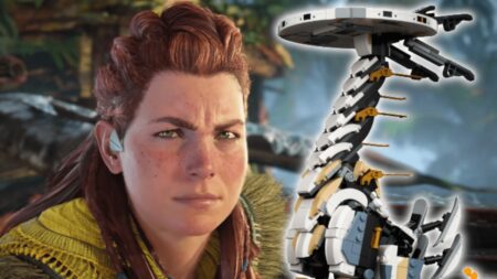 Aloy di Horizon con al fianco un Collolungo in Lego