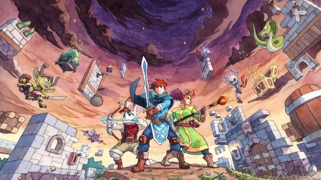 Disegno della copertina di Quest Master, con tre eroi in primo piano in un mondo fantasy con goblin, castelli e altre creature