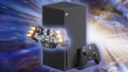 Un'astronave di Starfield con davanti una Xbox Series X