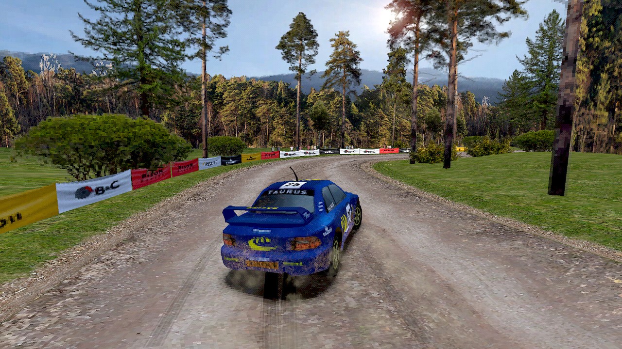 Visuale del posteriore di una Subaru Impreza da rally in un gioco corsistico ispirato a Colin McRae Rally