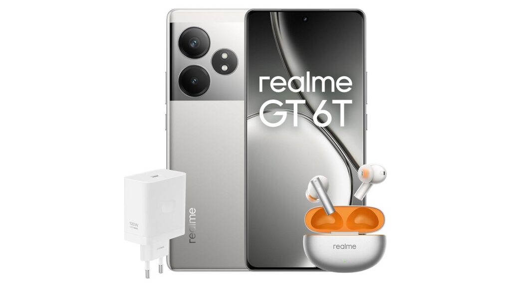 Smartphone Realme GT 6T (8+256GB) Fluid Silver con caricatore incluso e Buds Air 6 Flame Silver