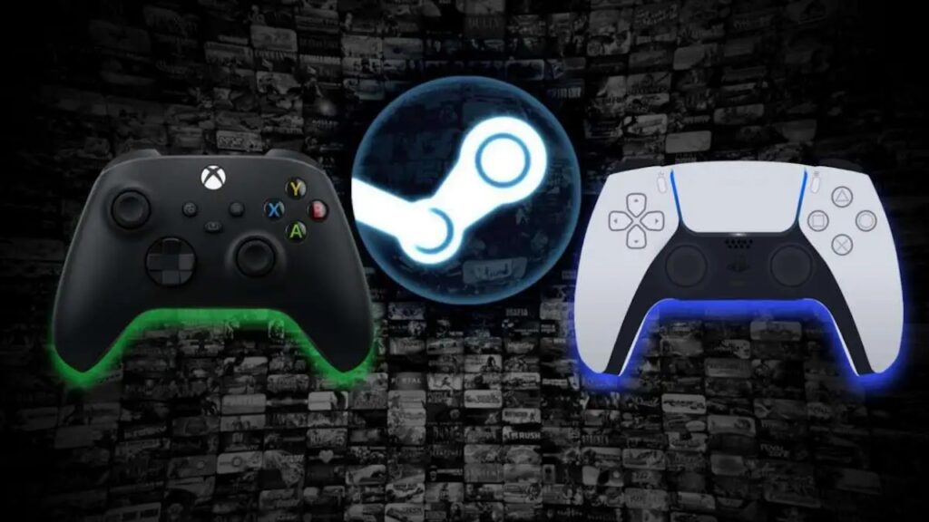 Il controller Xbox e PlayStation con il logo Steam