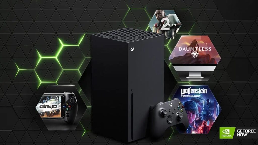 Il logo di NVIDIA GeForce Now con una Xbox Series X