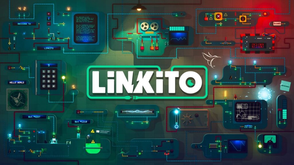 Cover art di Linkito con circuiti, logo gioco e oggetti elettronici