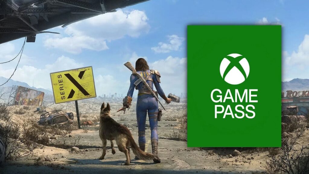 Una donna di Fallout e Dogmeat con il logo di Xbox Game Pass