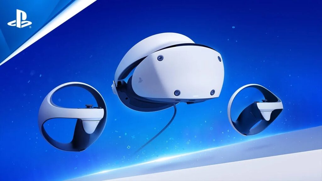 Il PlayStation VR2 con dietro uno sfondo blu