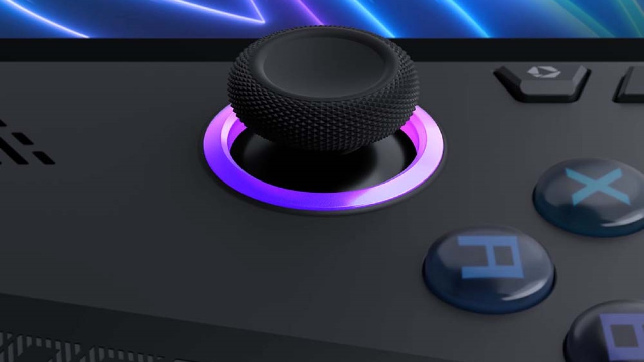 Zoom sul joystick di ASUS ROG Ally X con cerchio LED RGB