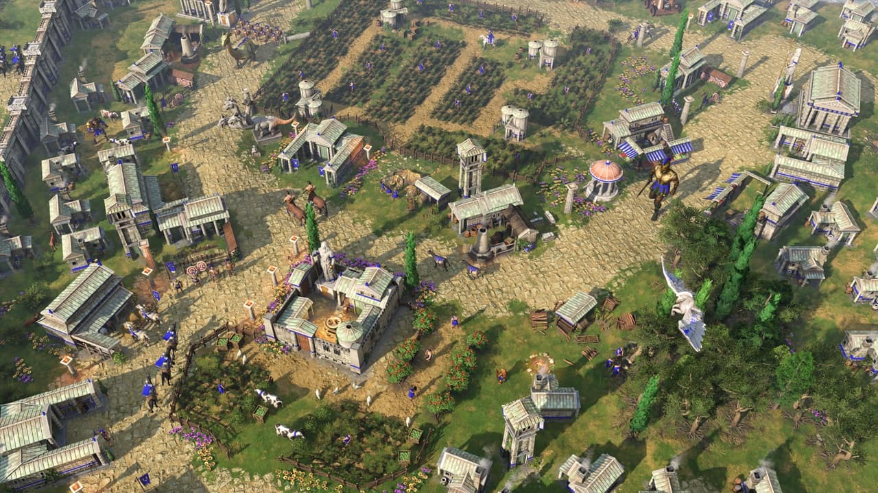 Visuale dall'alto di un villaggio greco in Age of Mythology Retold