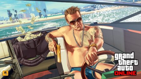 Un persoanggio. di GTA 5 Online su una barca con dei soldi