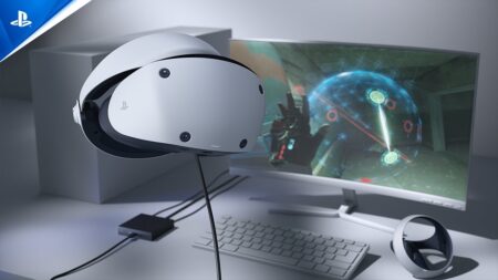 Un PlayStation VR2 con un PC dietro