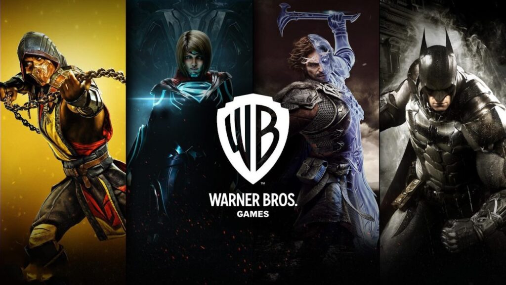 Il logo di Warner Bros. Games con dietro i personaggi del publisher